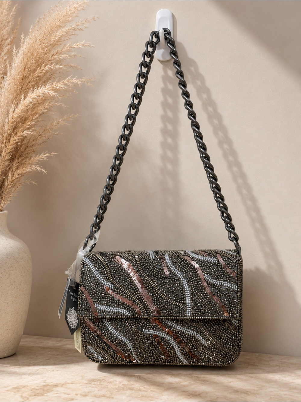 Silver Zebra-Print Chain Shoulder Bag